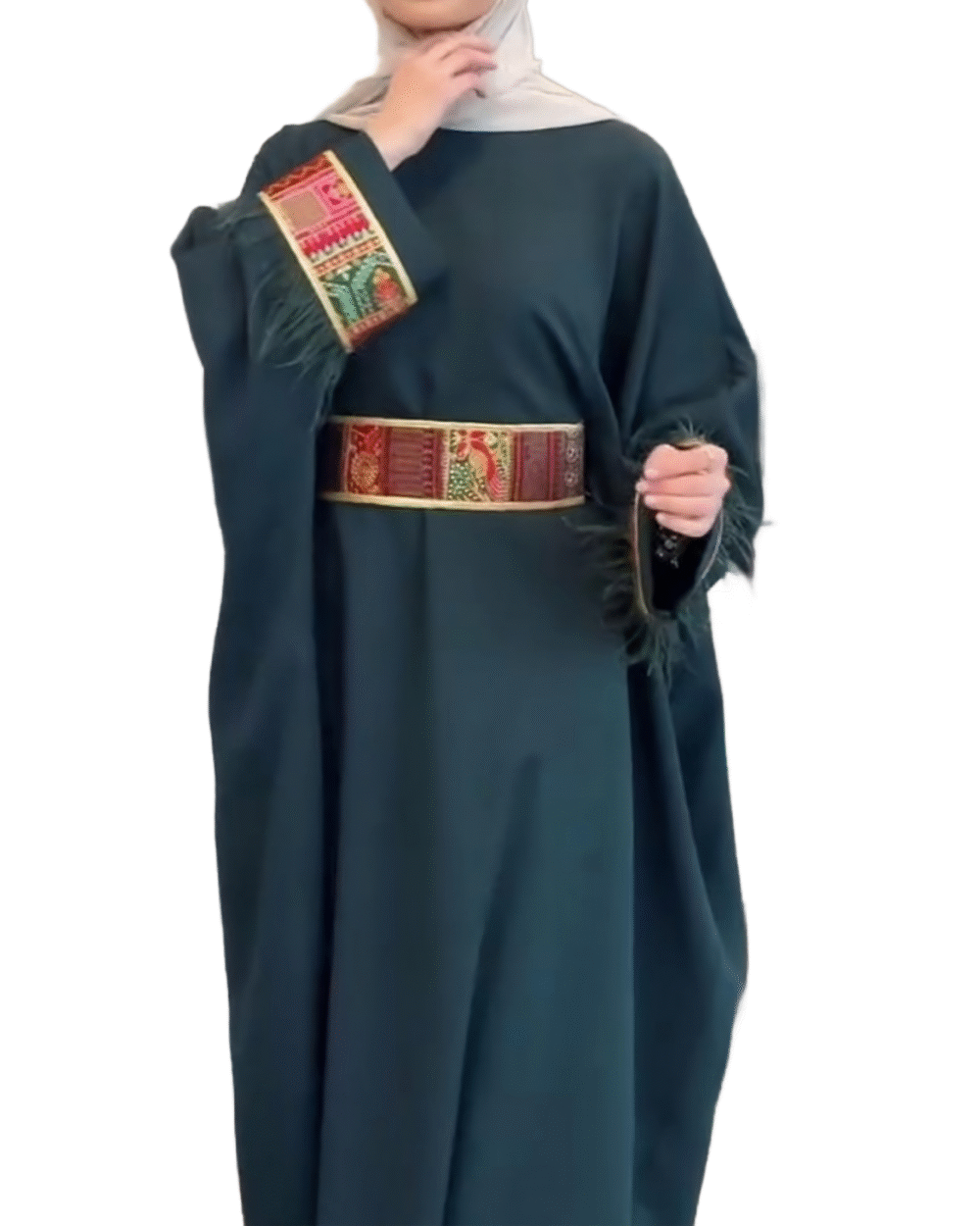 Olive Green Eastern Feather Abaya