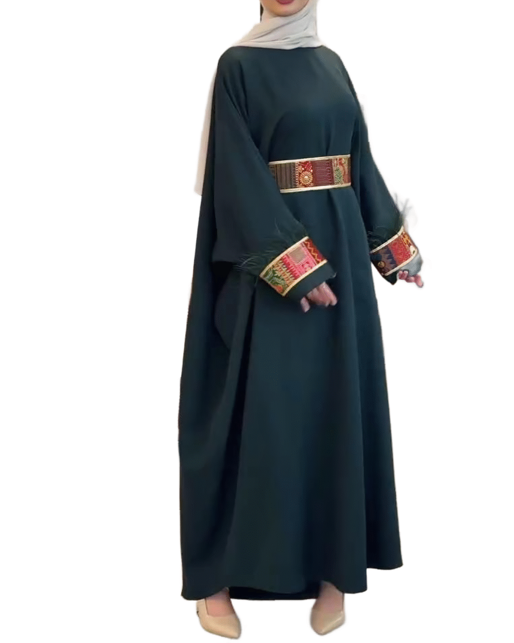 Olive Green Eastern Feather Abaya - Image 2